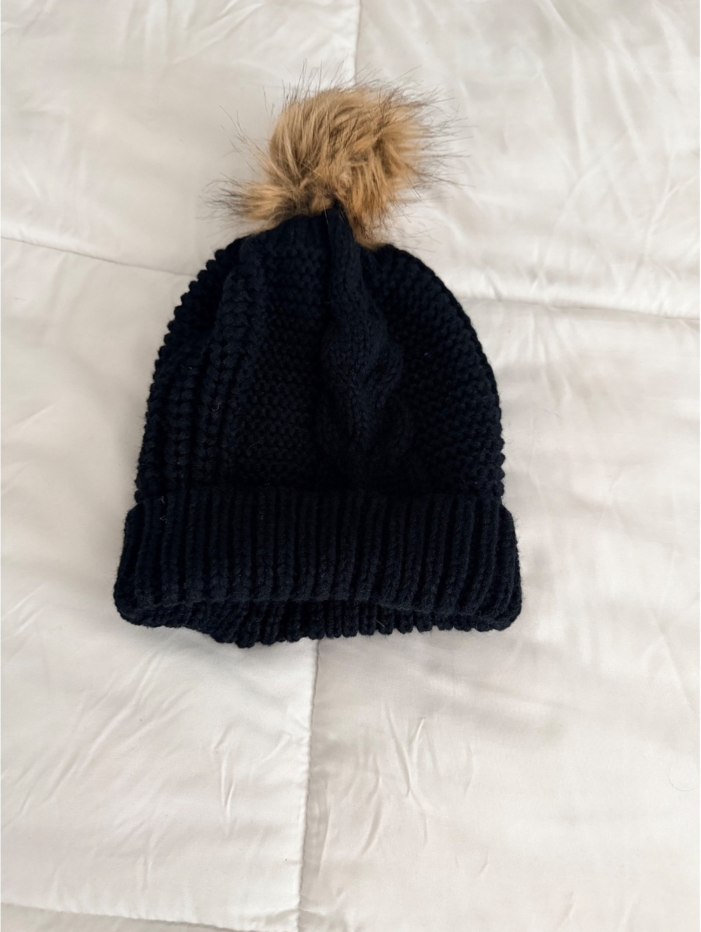 Black Knit Beanie Hat with Faux Fur Pom Pom